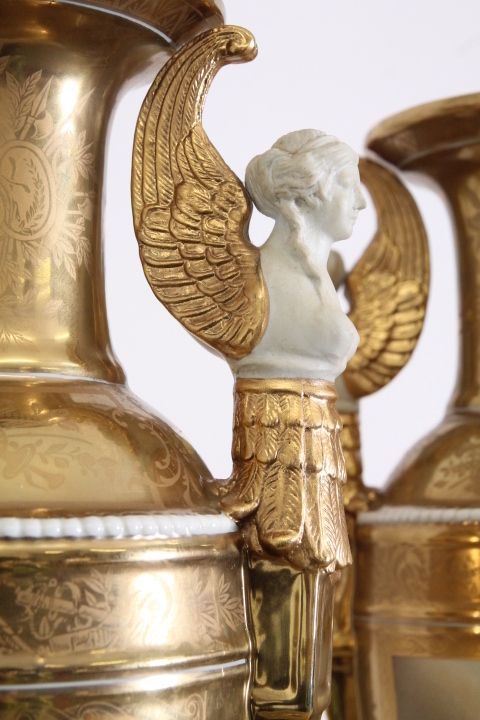 photo for sale Pair Of French Sevres Empire Vases From The Early 1900s, Pure Gold Porcelain And Branded Biscuits