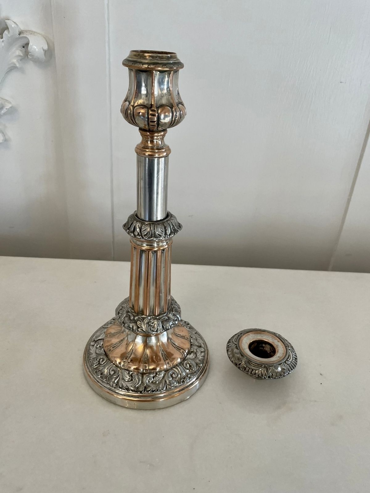 Unusual Pair Of Antique George III Quality Sheffield Plated Telescopic Candlesticks photo for sale