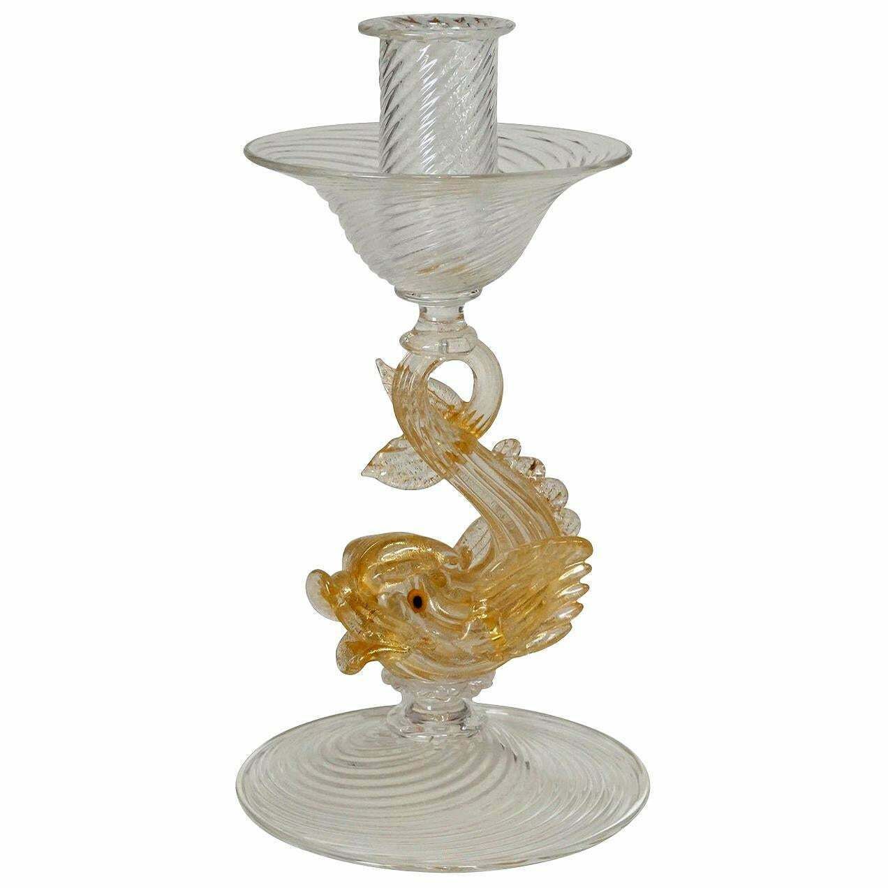 Archimede Seguso Glass Candle Stick With Dolphin Circa 1960s photo furniture
