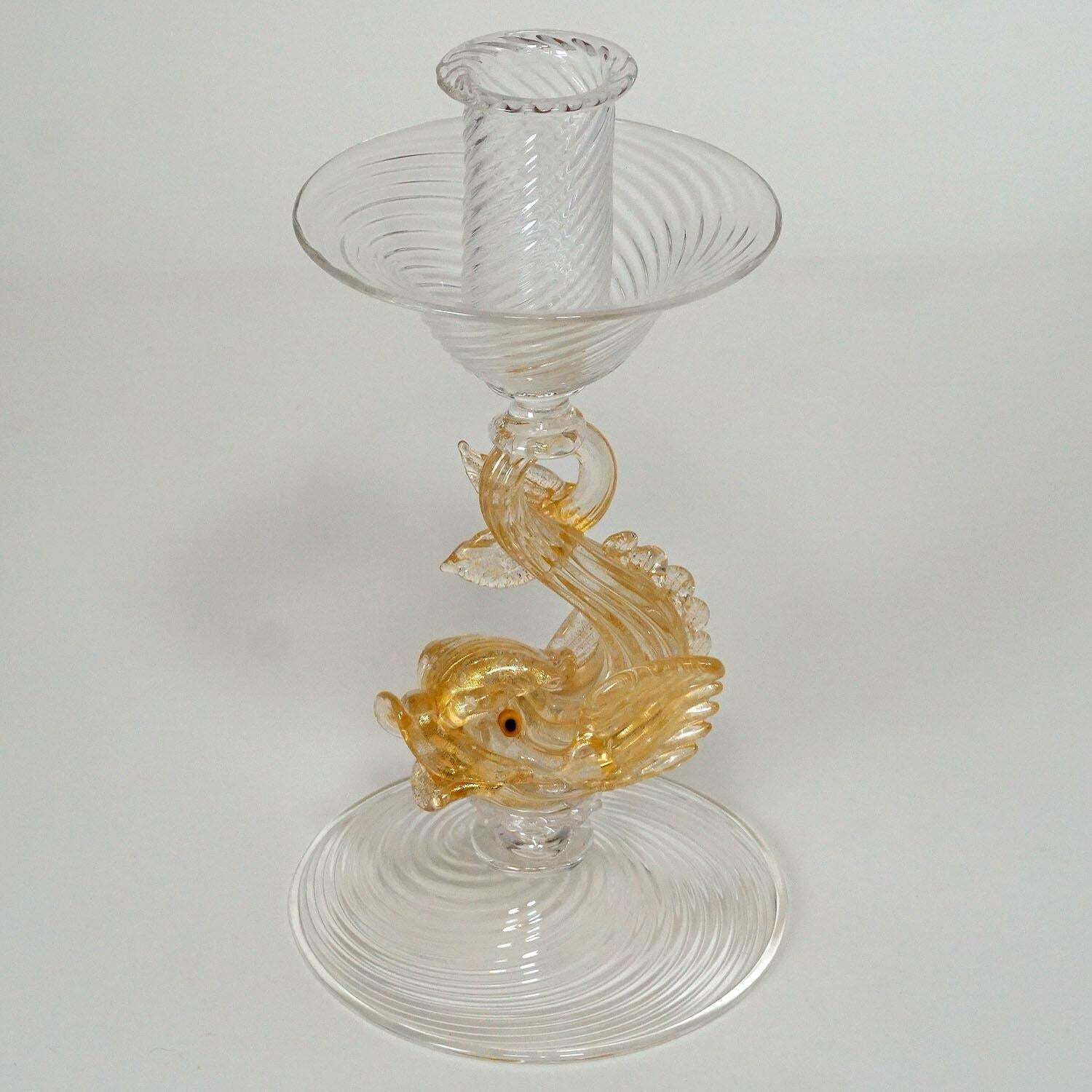 Archimede Seguso Glass Candle Stick With Dolphin Circa 1960s photo Home Decor