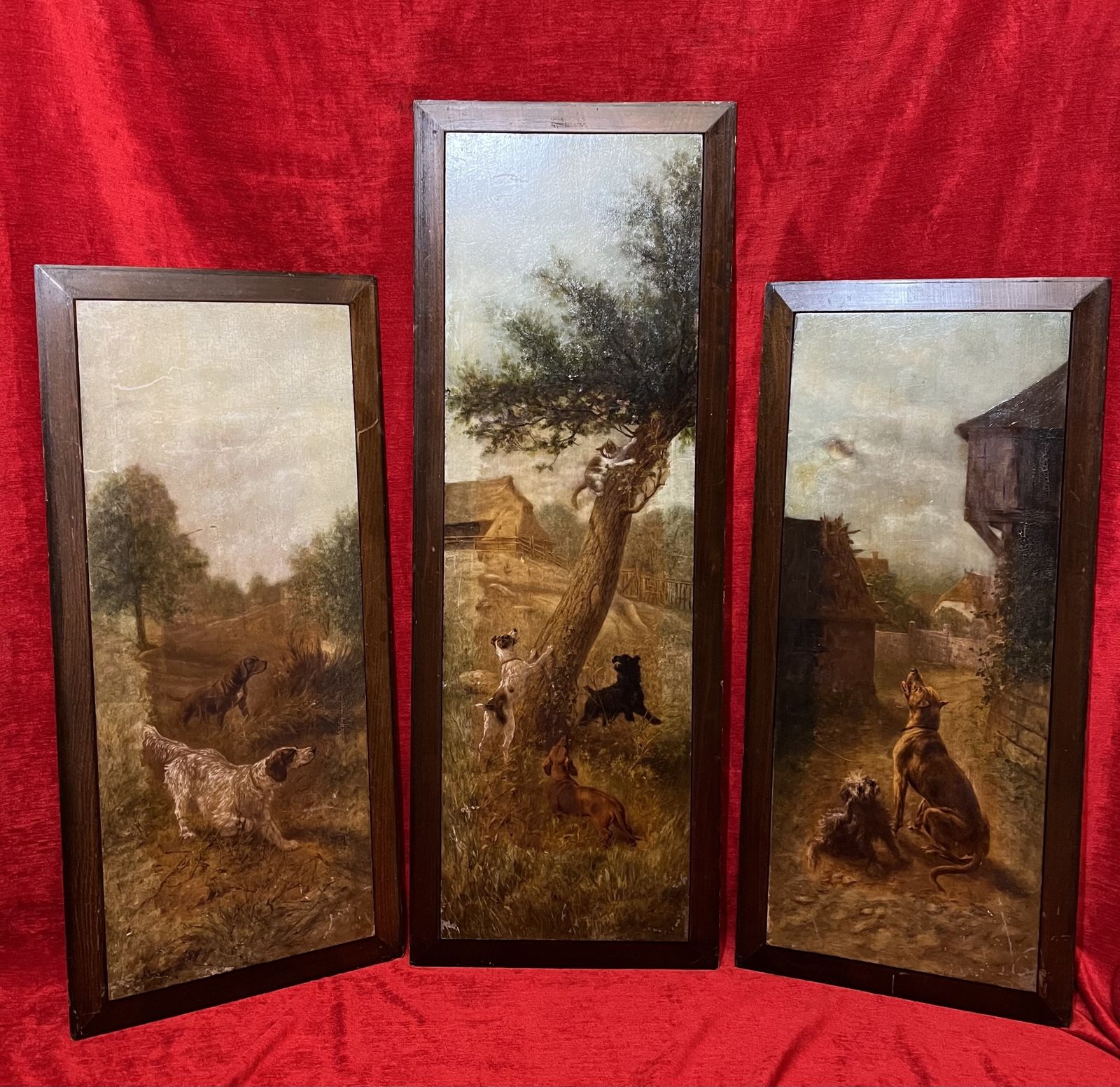 Trio Of Hunting Dogs In Landscapes Painted Upon Wood Panels After Heinrich Sperling
