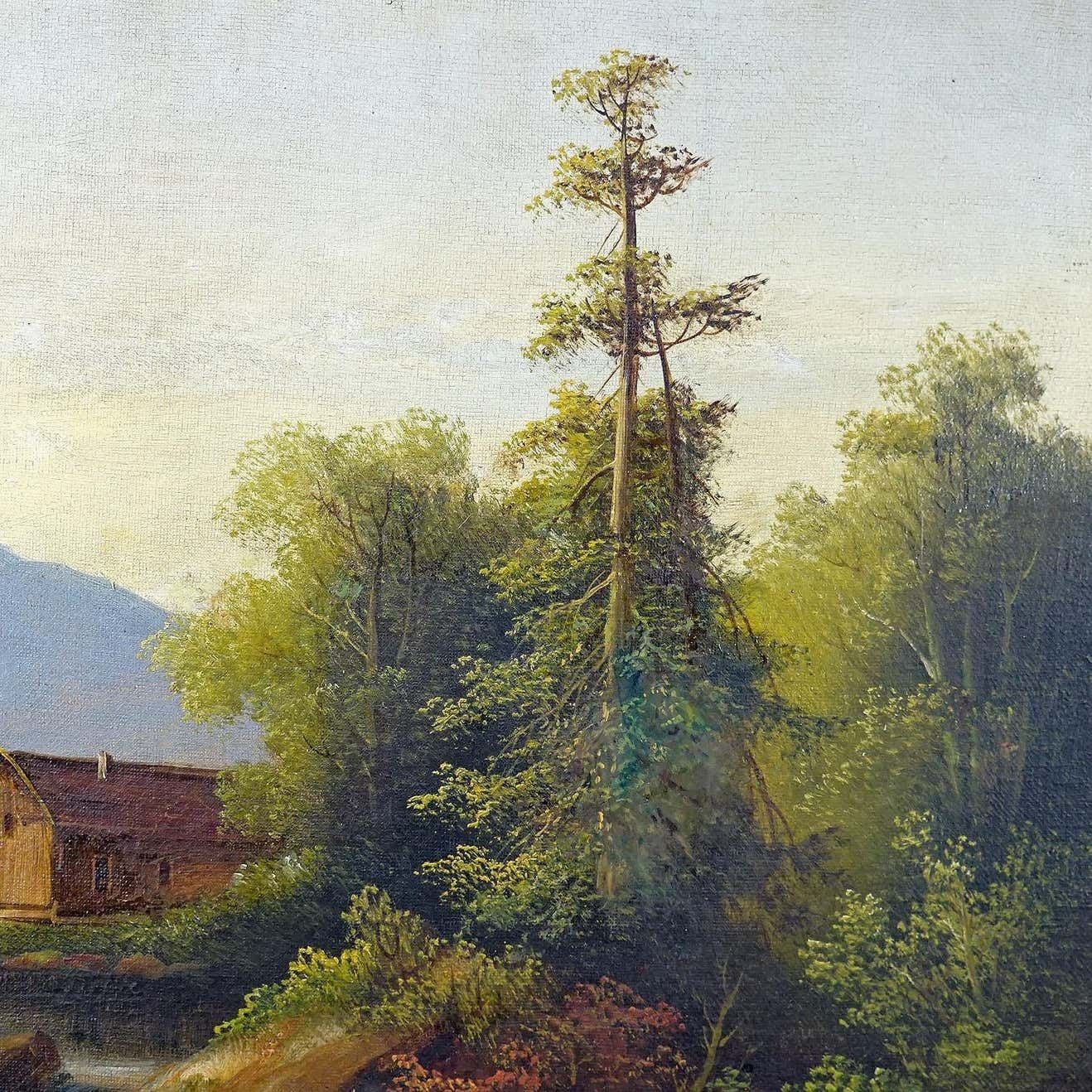 Summerly Mountain Landscape With Water Fall And Mountain Hut 19th Century photo vinterior