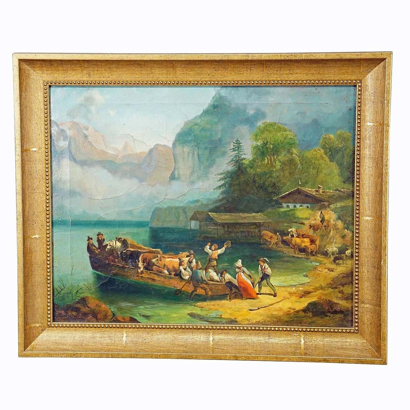 Painting Cattle Carriage On An Alpine Lake, Oil On Canvas 19th Century photo furniture