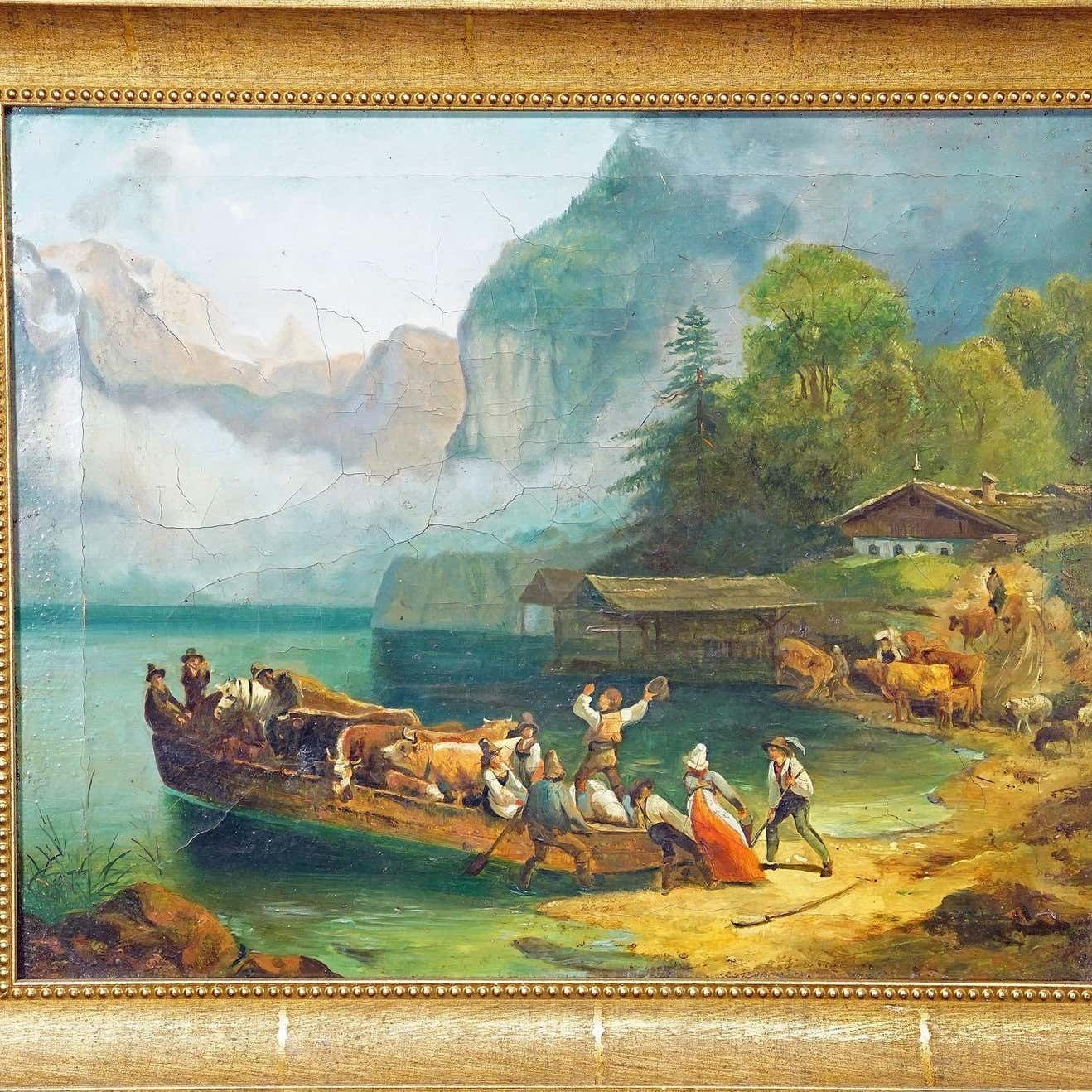 Painting Cattle Carriage On An Alpine Lake, Oil On Canvas 19th Century photo Art