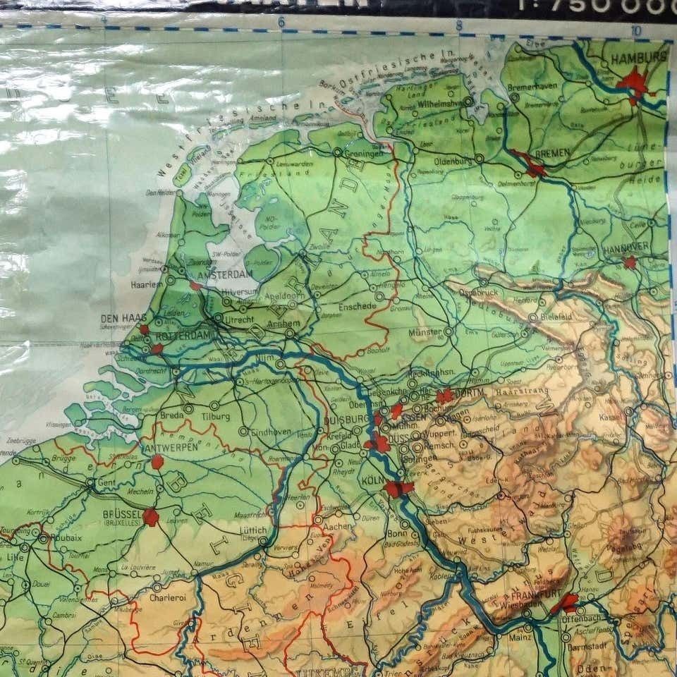 Vintage Rollable Map Wall Chart France Benelux Countries, South England photo for sale