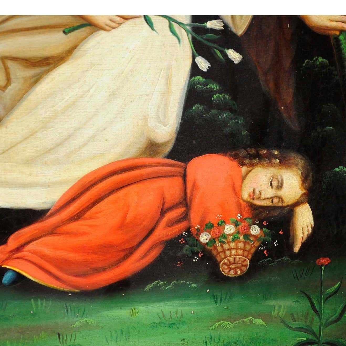 Unknown, Oil On Canvas Painting Angel With Sleeping Child photo for sale