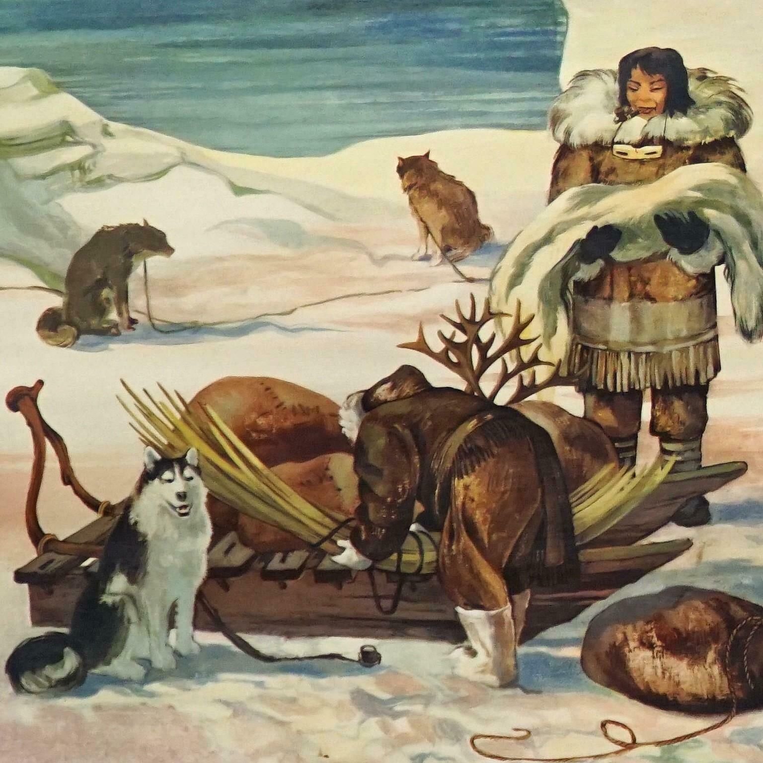 Inuit Eskimo Igloo Life Polar Region Hunting Dog Sledge Rollable Wallchart photo Art
