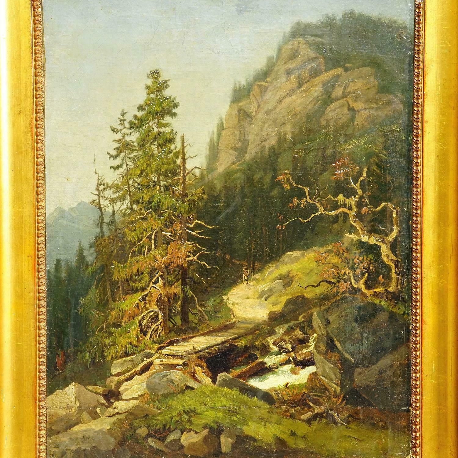 Summerly Mountain Landscape With Hiker On Hiking Trail, 19th Century photo Art