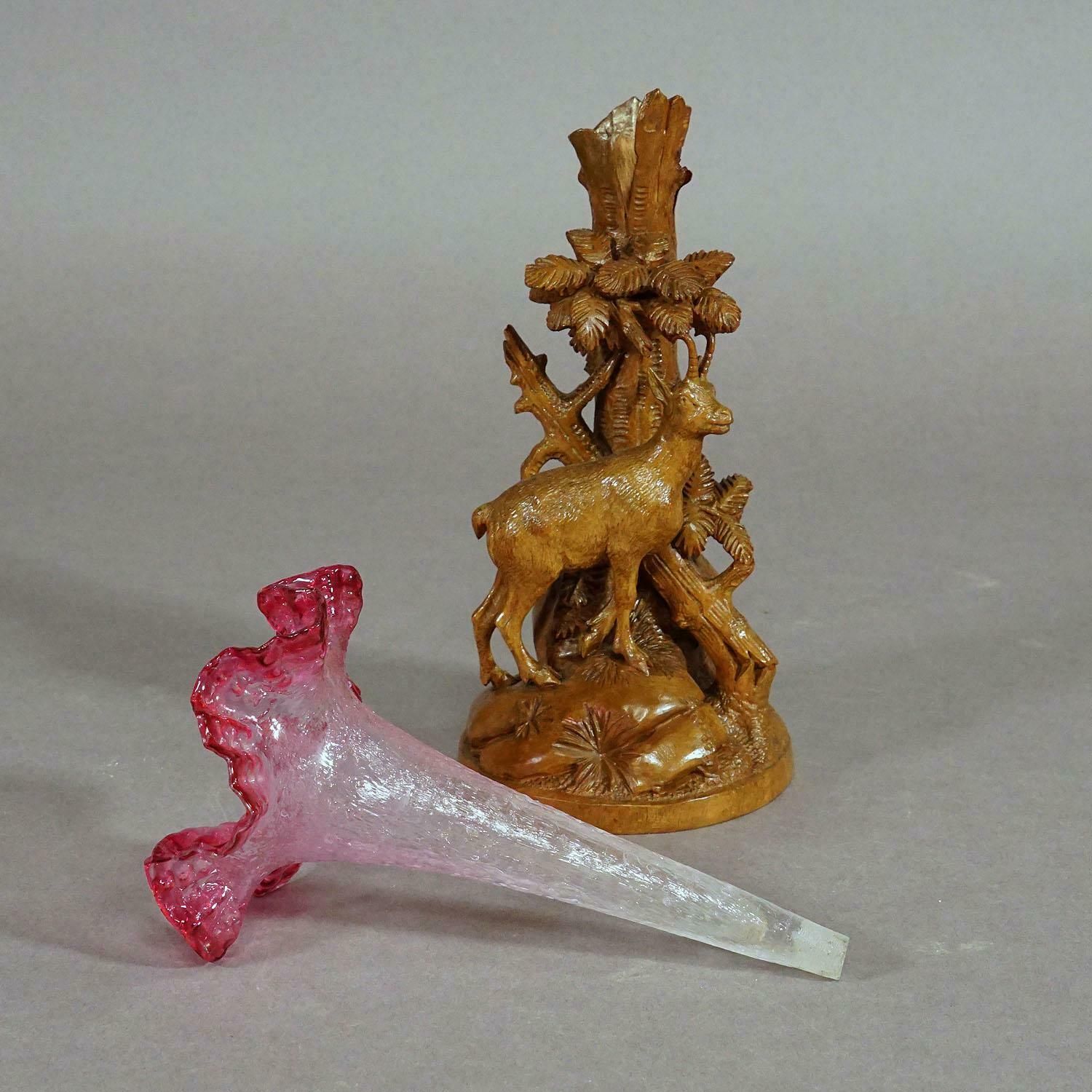 Finely Carved Wood Chamois With Glass Vase, Brienz, Circa 1900 photo vintage