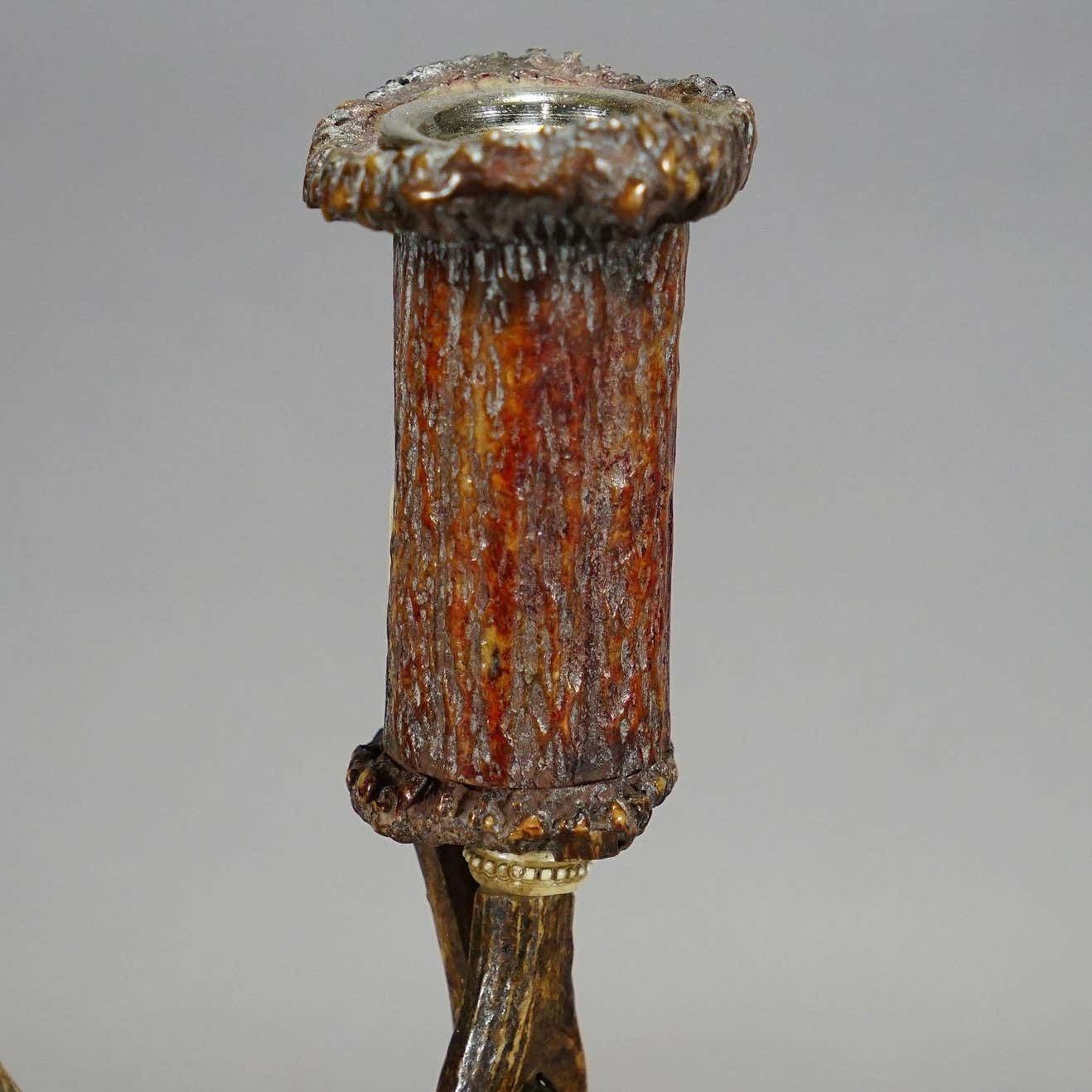 Stylish Cabin Decor Antler Candle Holder With Deer Carving Germany Ca 1900 photo vinterior