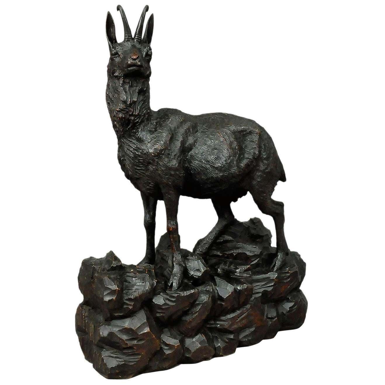 Large Carved Wood Chamois Sculpture Black Forest Circa 1900