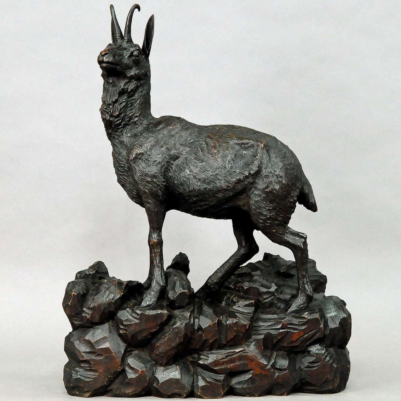 Large Carved Wood Chamois Sculpture Black Forest Circa 1900 photo furniture
