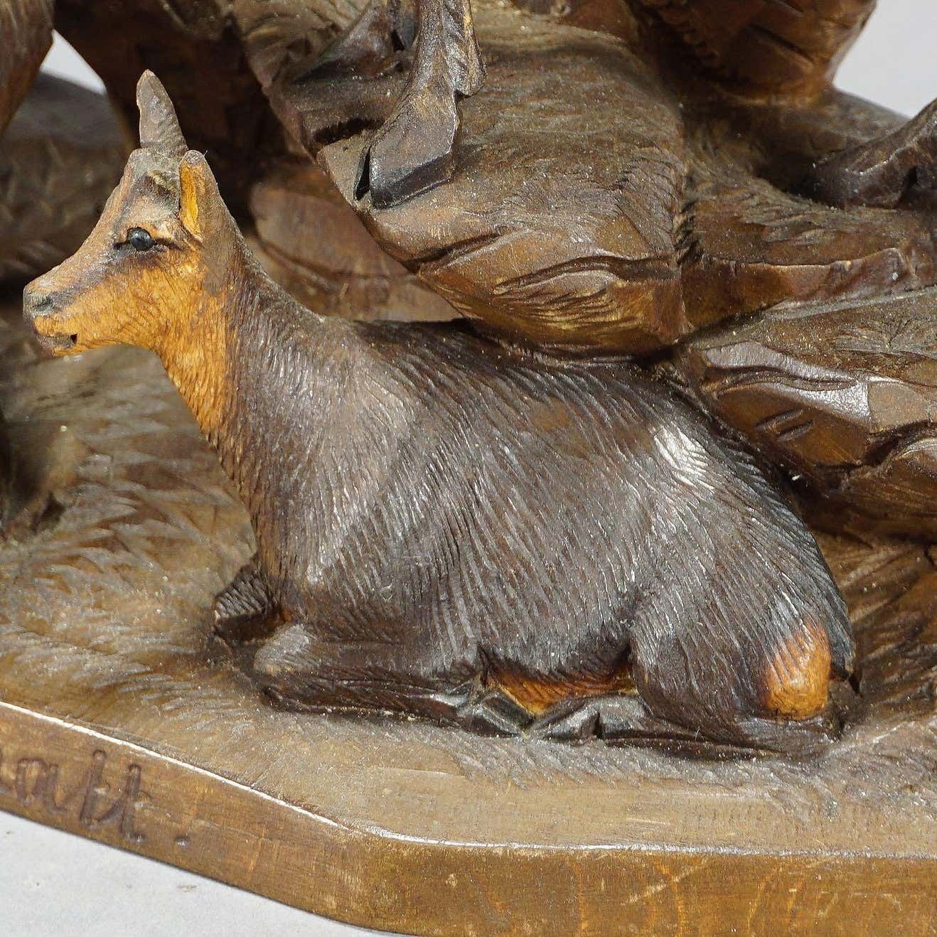 Fine Carved Wood Chamois Family By Ernst Heissl Circa 1900 photo Art