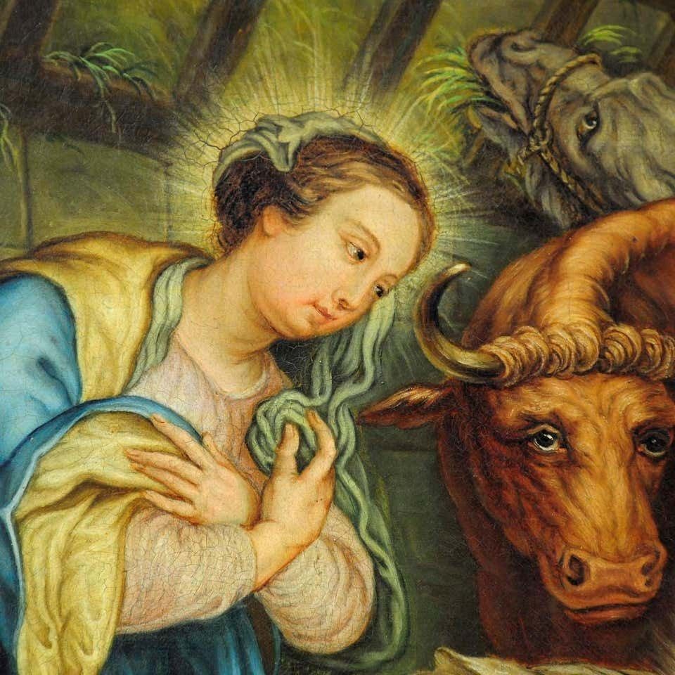 Mary And Joseph In The Barn Of Bethlehem, Oil Painting On Canvas photo for sale
