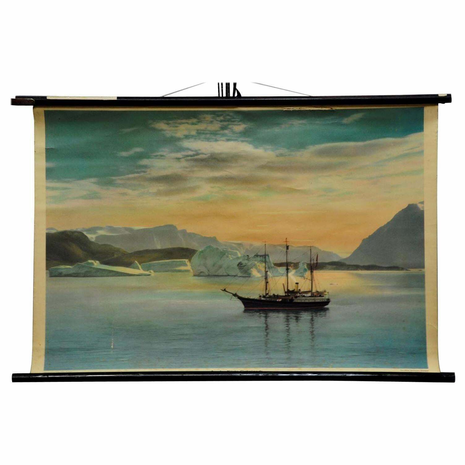 Vintage Pull Down Wall Chart Landscape Sailing Ship The Coast Of Greenland