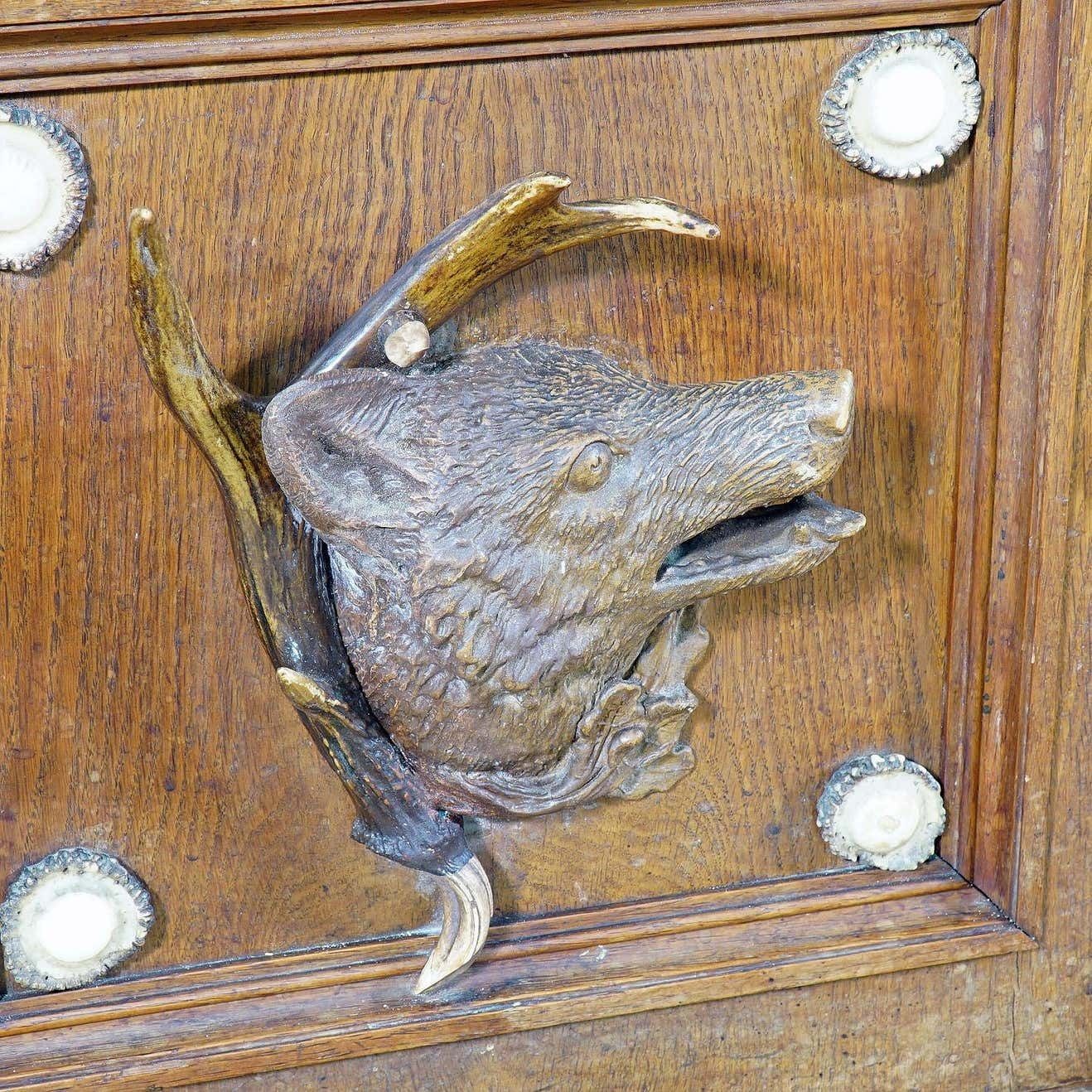 Large Oak Wood Desk With Antler Decorations By Rudolf Brix 1900 photo vinterior