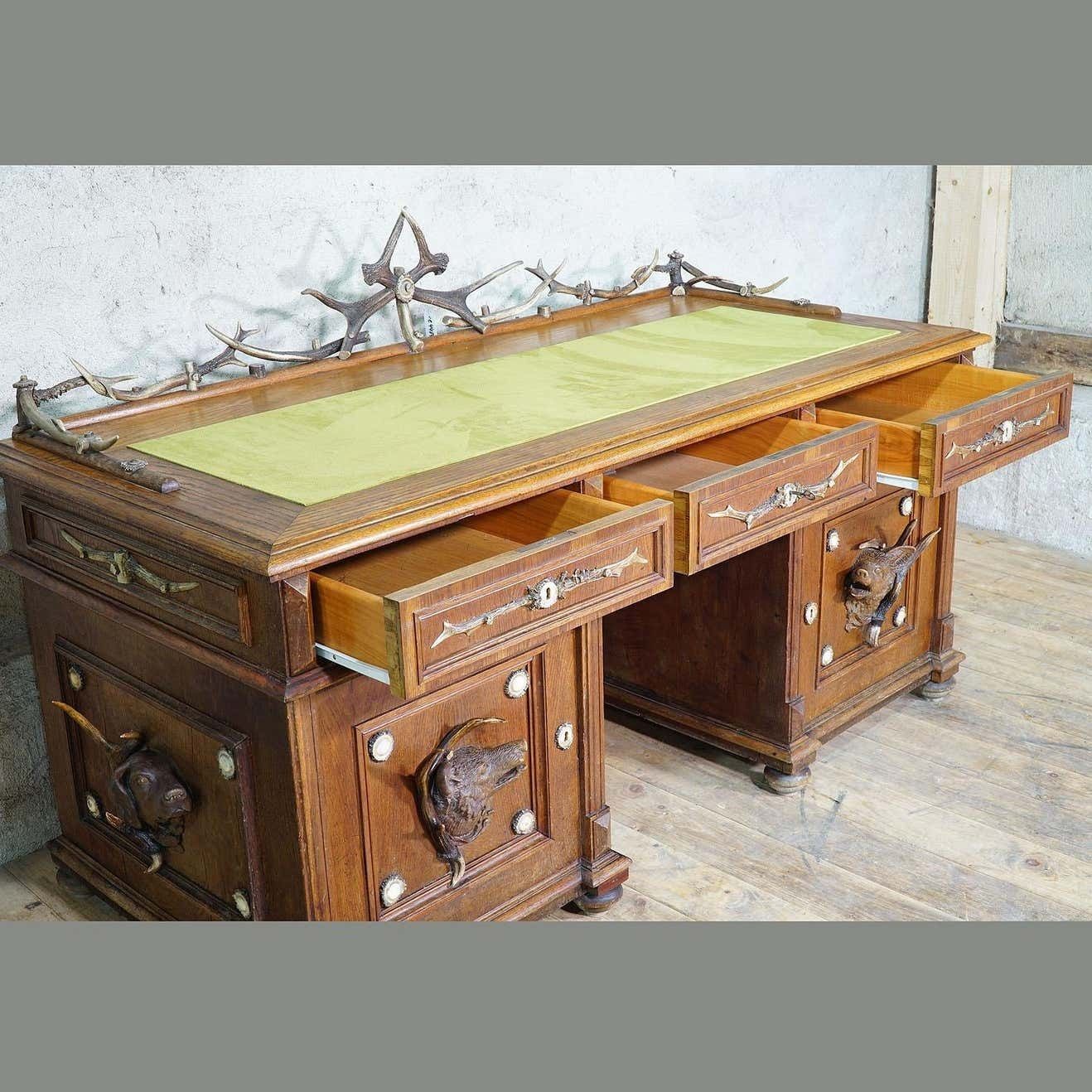 9975.0 Large Oak Wood Desk With Antler Decorations By Rudolf Brix 1900 photo