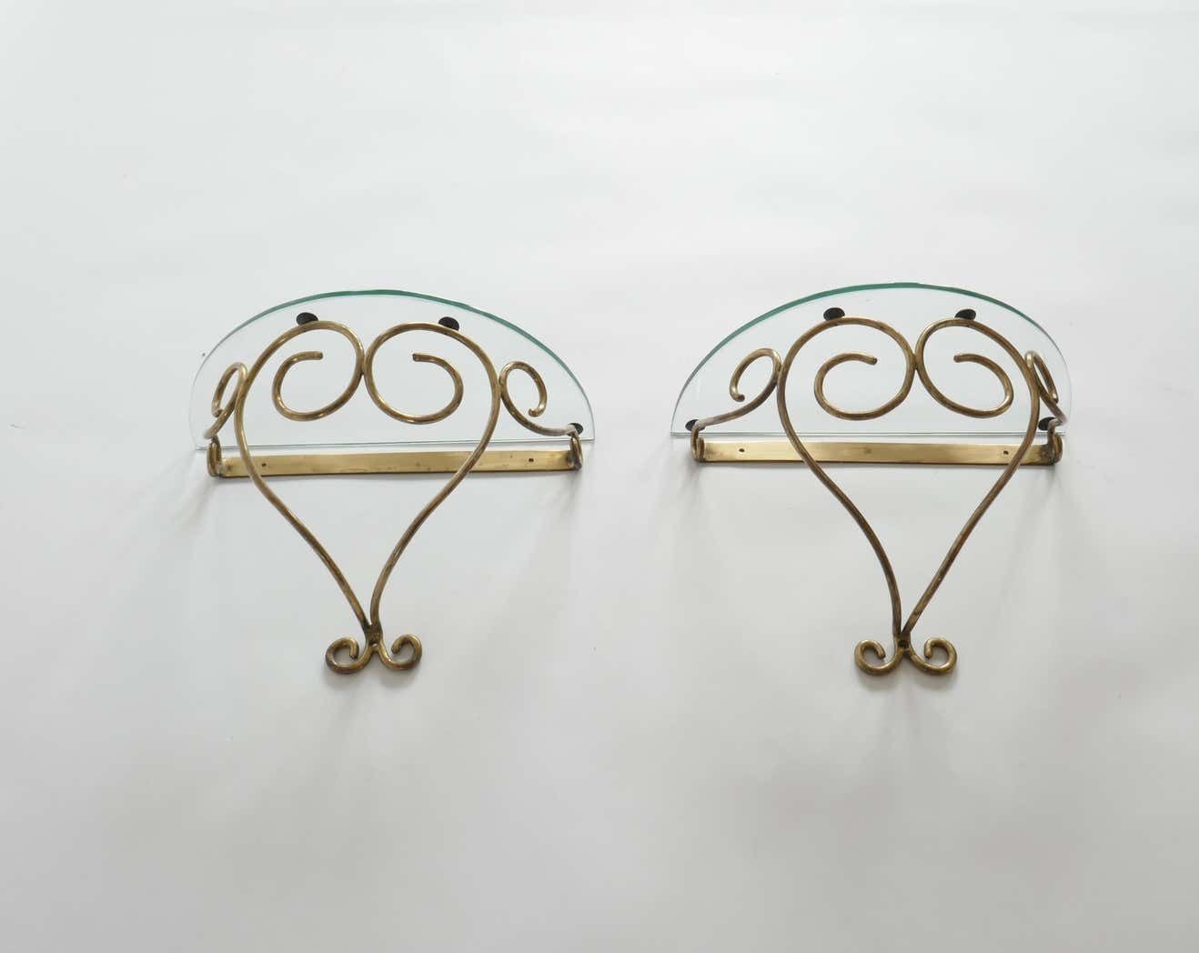 Wall Mounted Brass Nightstands Or Console With Demilune Glass Top, Italy, 1950s photo 2600.0