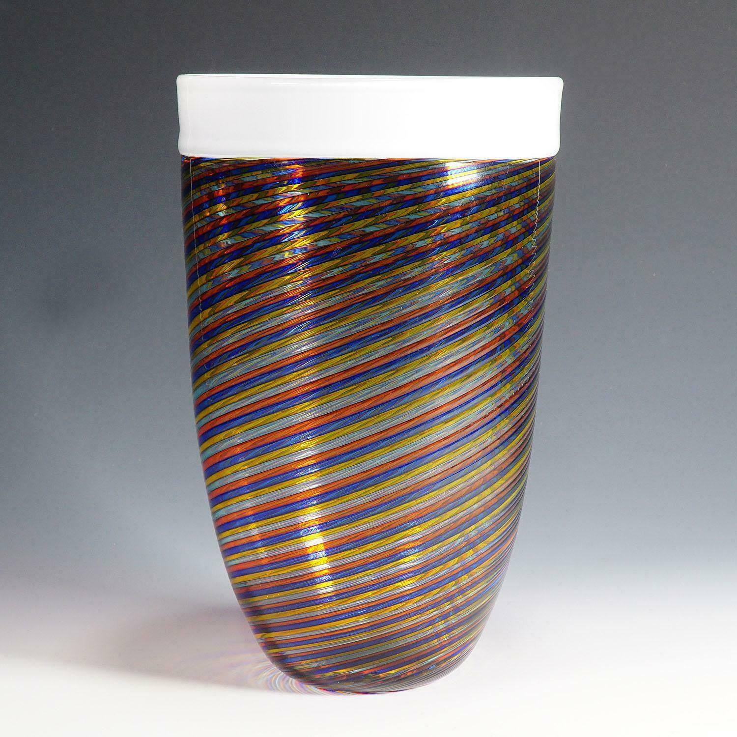 Large Cenedese Filigrana Art Glass Vase With Multicoloured Bands photo furniture