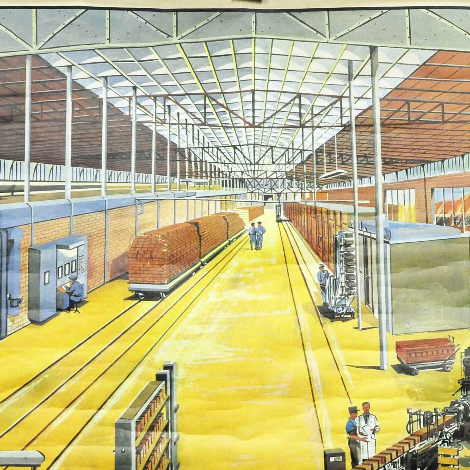 Vintage technische dubbelzijdige oprolbare wandkaart – zuivelfabriek en steenbakkerij photo vintage