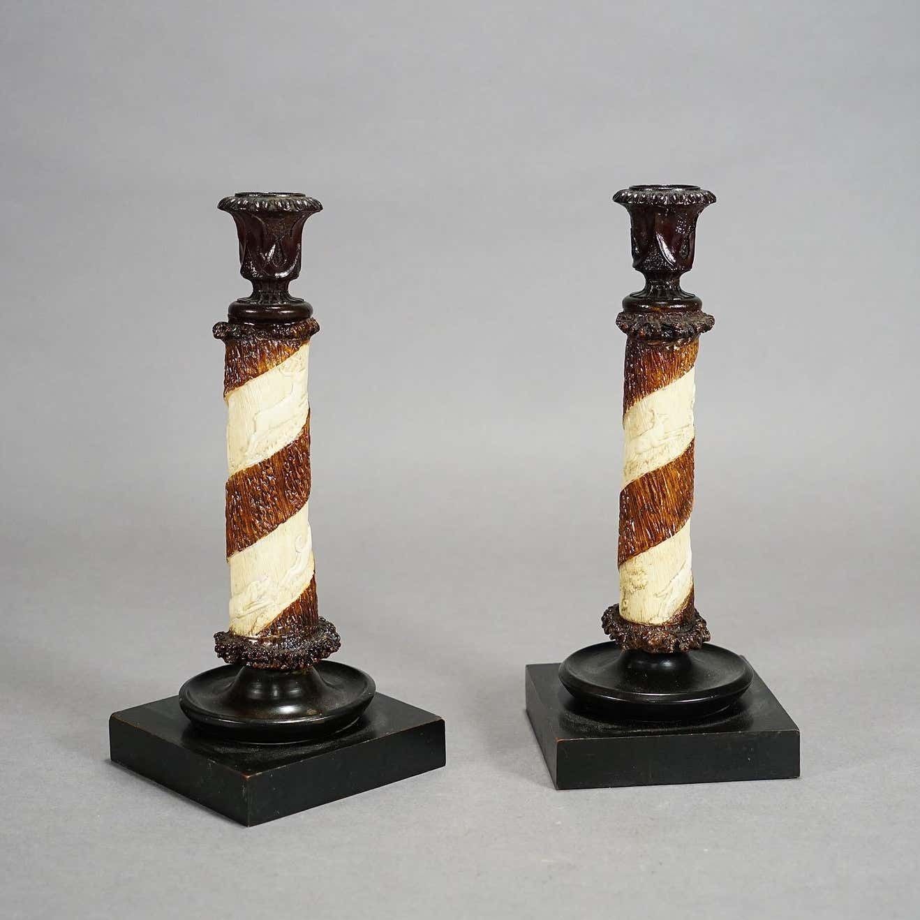 Pair Of Victorian Antler Candle Holders With Fine Carvings Germany Ca. 1880 photo for sale