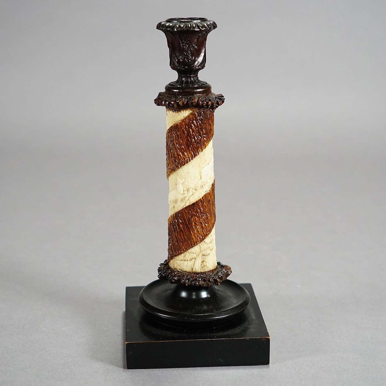 Pair Of Victorian Antler Candle Holders With Fine Carvings Germany Ca. 1880 photo Home Decor
