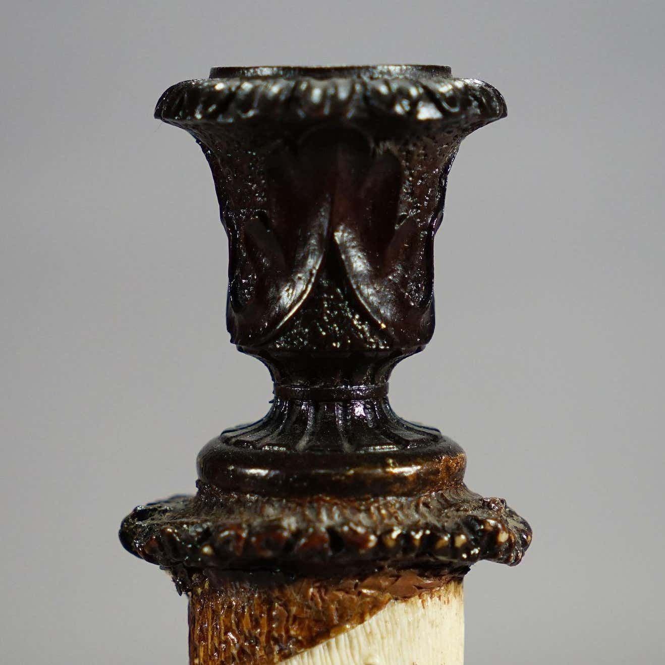 Pair Of Victorian Antler Candle Holders With Fine Carvings Germany Ca. 1880 photo vintage