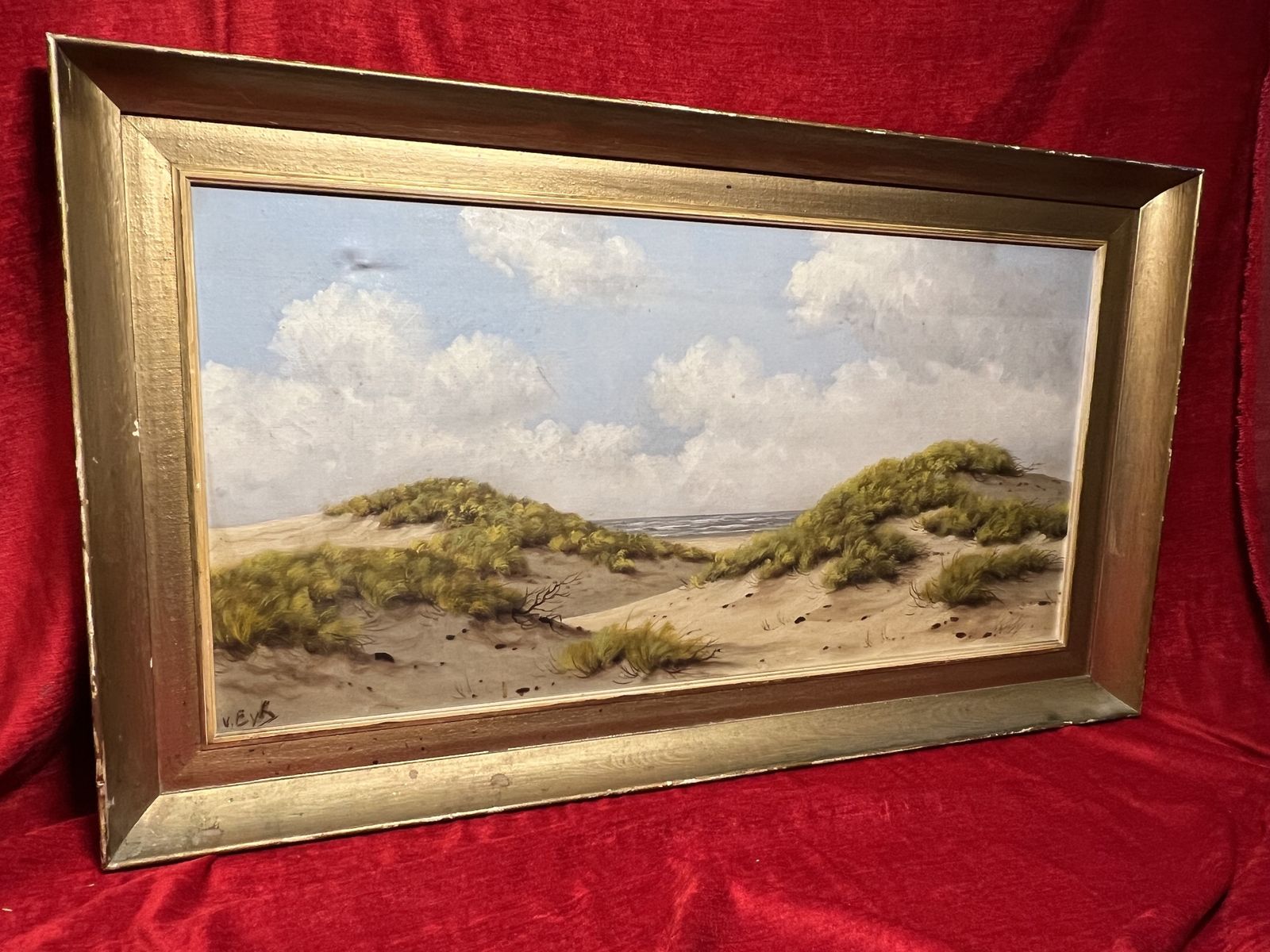 photo furniture English School Sunlit Sand Dune Beach View Artwork Oil On Canvas Signed