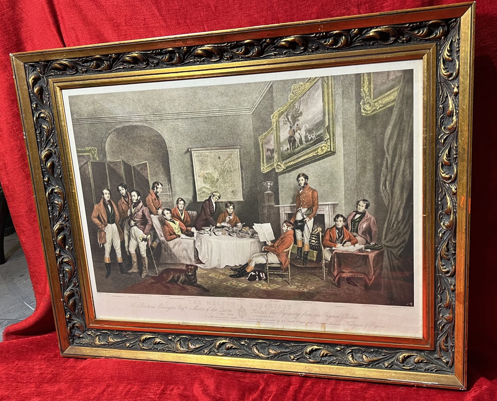 photo for sale 'The Melton Breakfast' Hand Tinted Lithography After Hudgson And Graves 1839 Publication Set In Acanthus Gilt Wood Frame