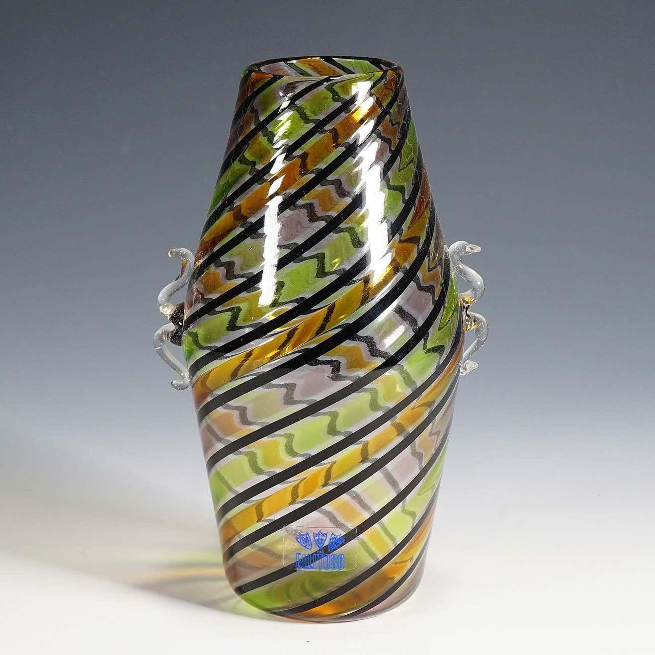 Fratelli Toso A Canne Glass Vase With Handles Murano Italy Ca 1965 photo furniture