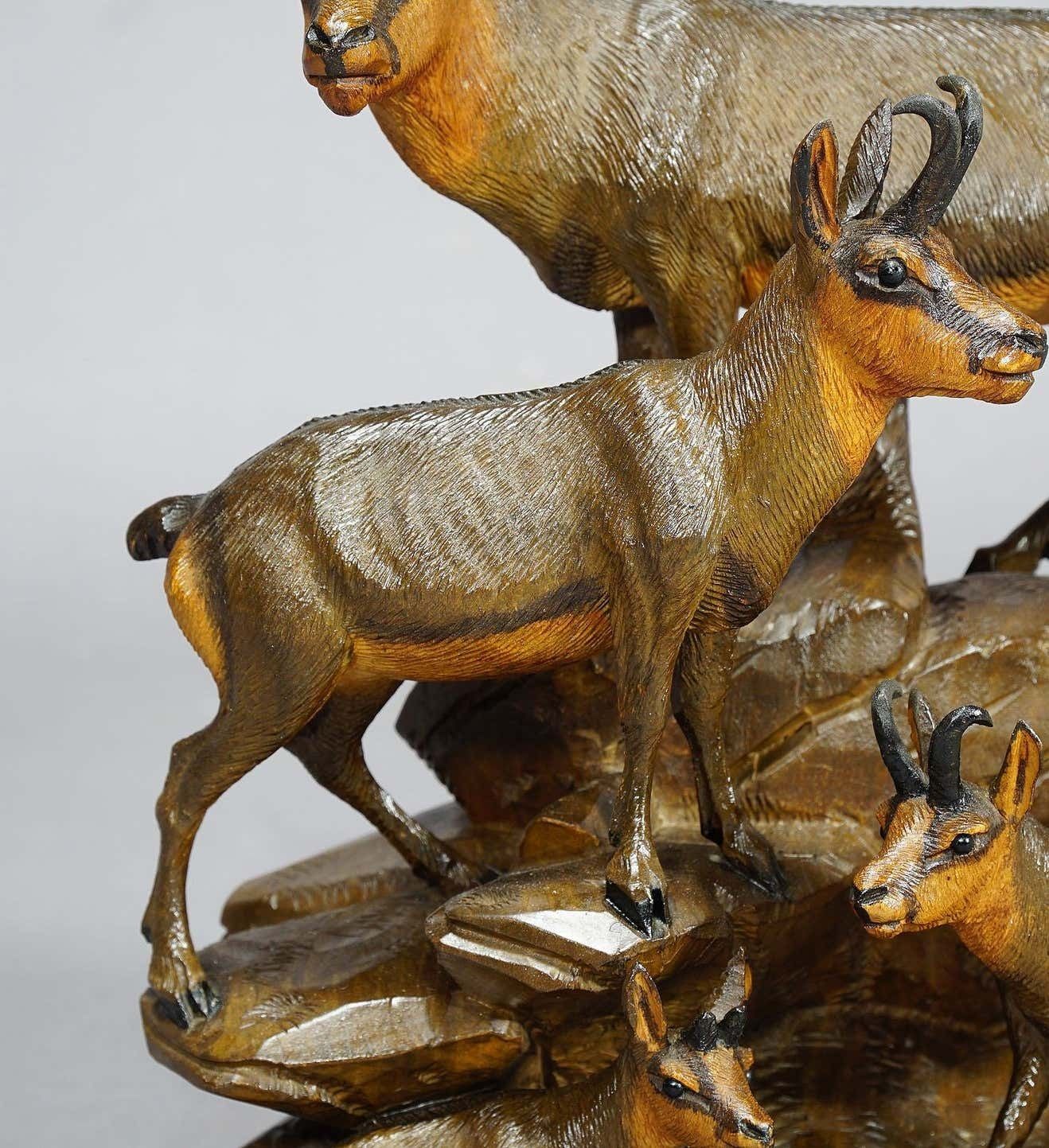 Carved Wood Chamois Family By Ernst Heissl Ebensee Austria Circa 1900 photo for sale