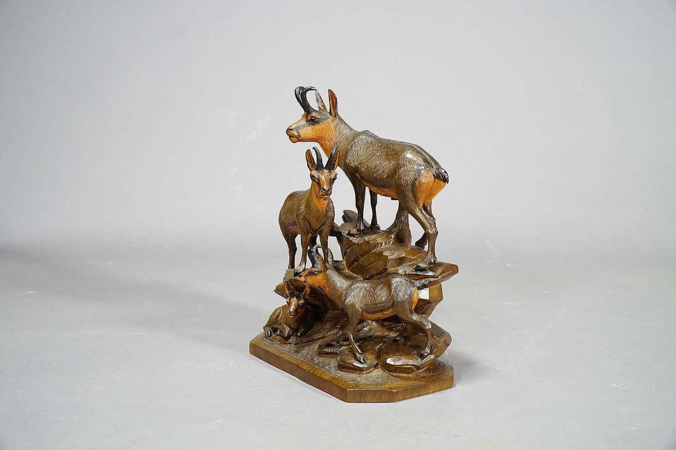 Carved Wood Chamois Family By Ernst Heissl Ebensee Austria Circa 1900 photo Art