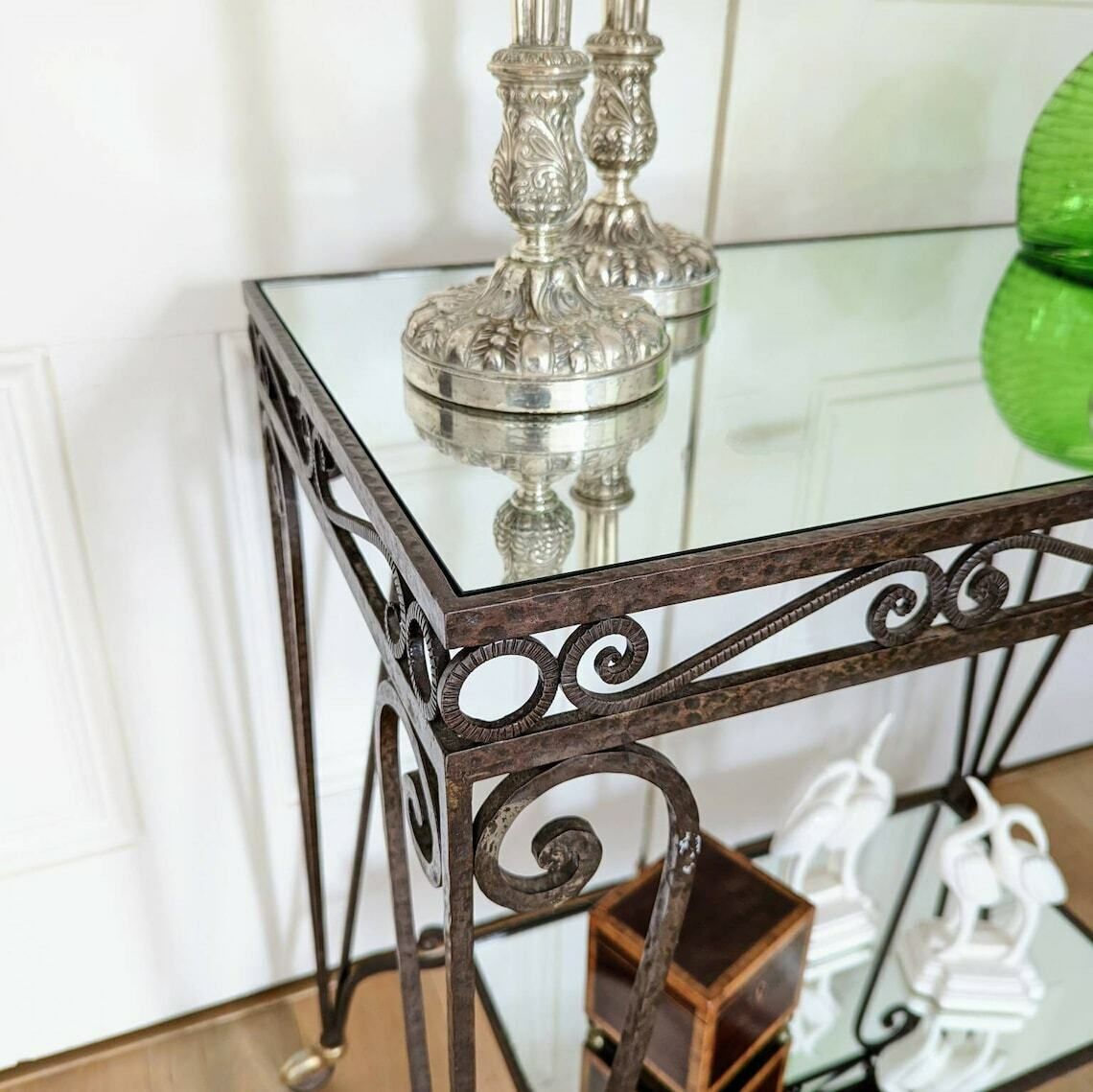 A Mid Century French Mirrored Glass And Wrought Iron Two Tier Cocktail Or Desert Trolley photo vintage