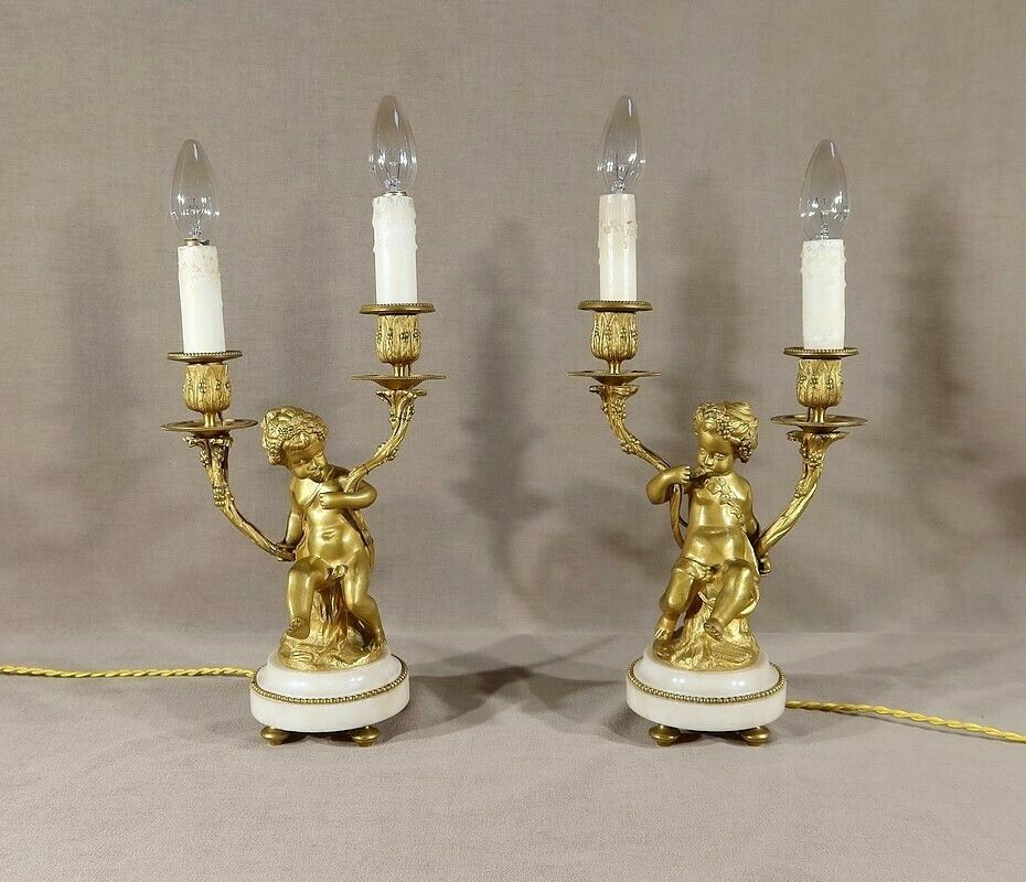 Pair Of Candlesticks In Gilt Bronze, Louis XVI Style, 19th Century