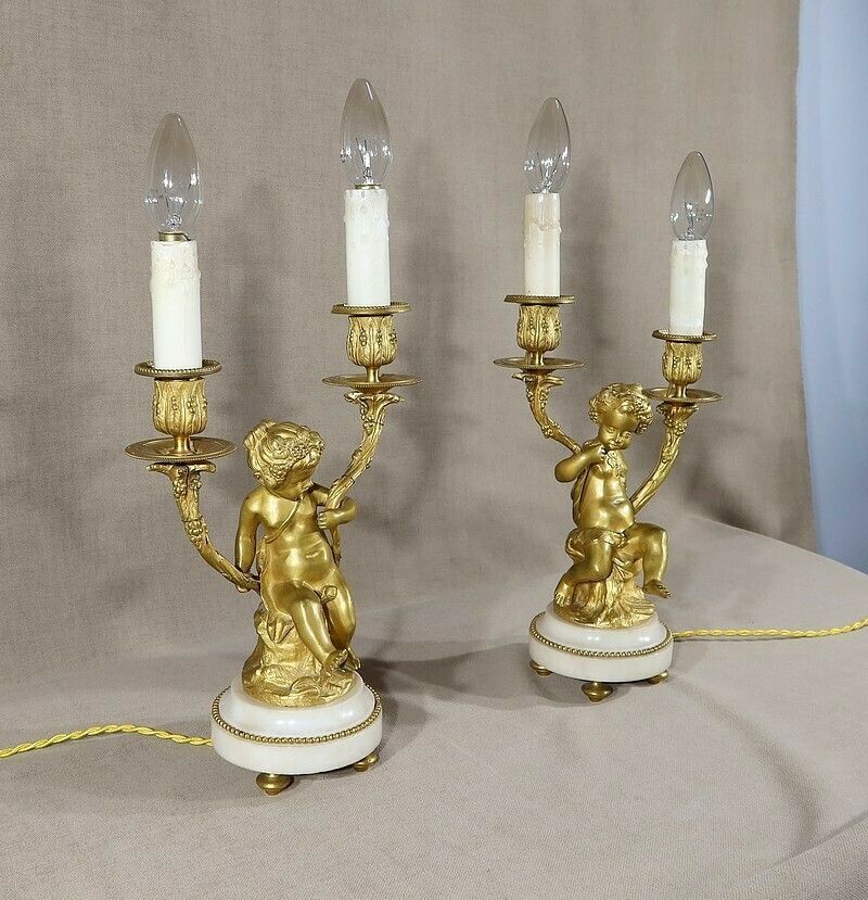 Pair Of Candlesticks In Gilt Bronze, Louis XVI Style, 19th Century photo for sale