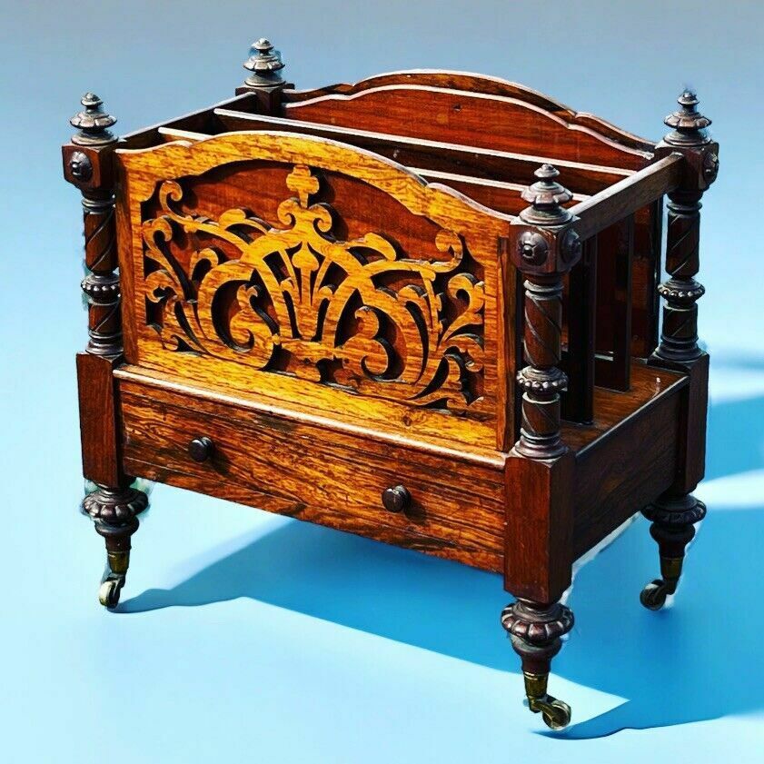 Victorian Rosewood Canterbury Magazine Rack With Drawer