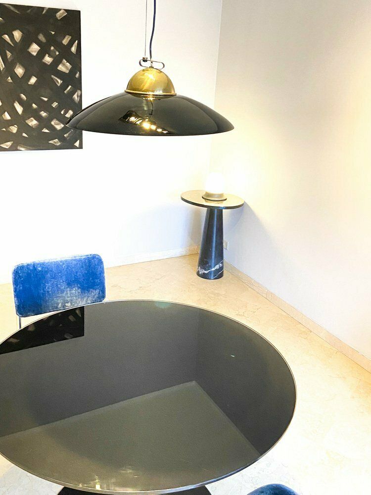 Suspension Lamp In Brass And Black Lacquered Metal, Italy, 70s photo for sale