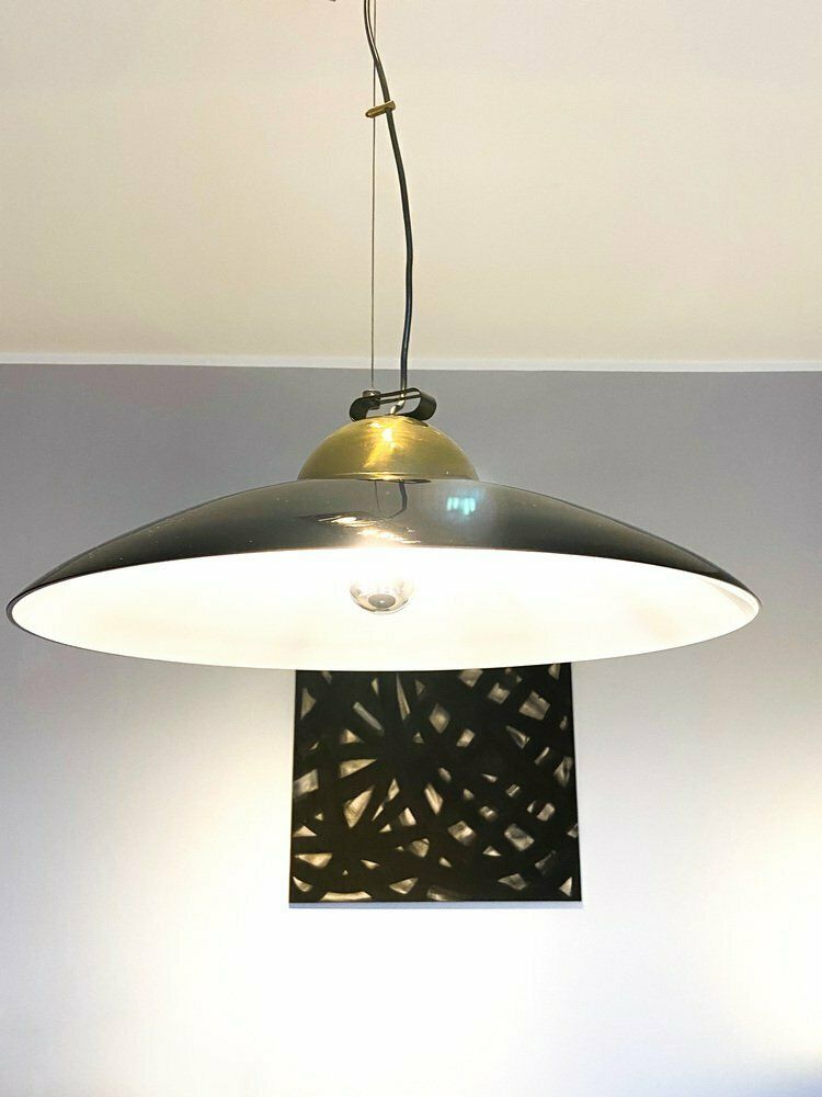 Suspension Lamp In Brass And Black Lacquered Metal, Italy, 70s photo Lighting