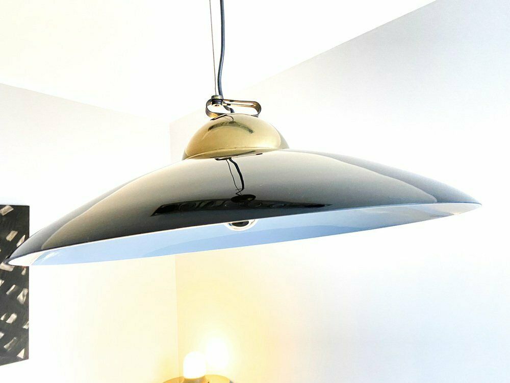 Suspension Lamp In Brass And Black Lacquered Metal, Italy, 70s photo buy