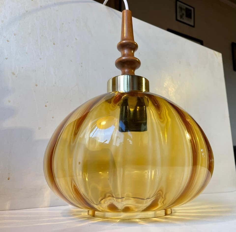 Vintage Swedish Sunburst Pendant Lamp In Blown Optical Honey Glass, 1970s photo for sale