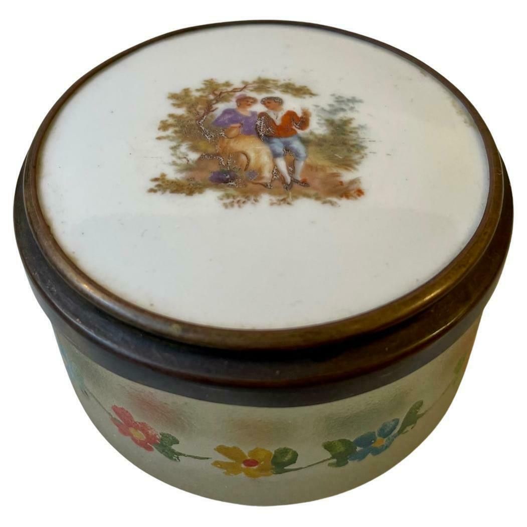 Antique French Powder Trinket In Hand Painted Porcelain & Glass