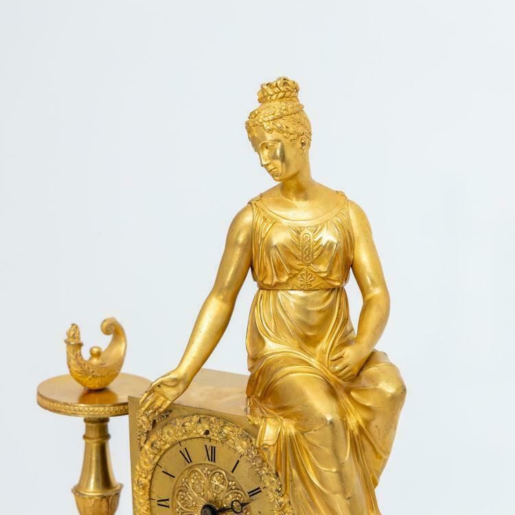 French Mantel Clock Made Of Fire Gilded Bronze With Seated Female Figure photo for sale