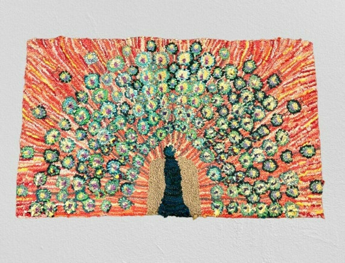 Scandinavian Style Peacock Hooked Rug, Vintage Handmade Rug