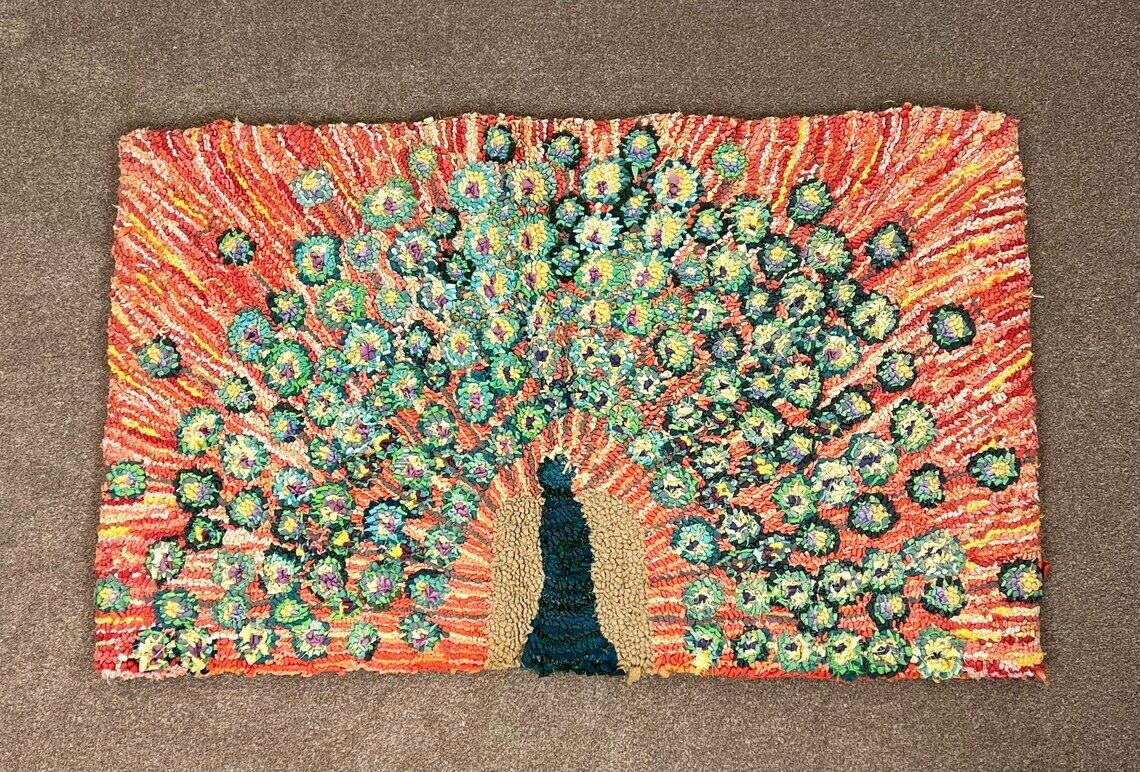 Scandinavian Style Peacock Hooked Rug, Vintage Handmade Rug photo furniture