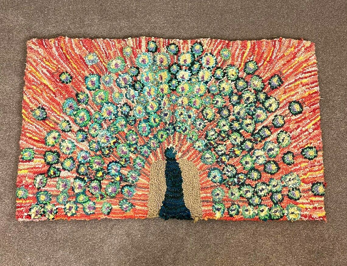 Scandinavian Style Peacock Hooked Rug, Vintage Handmade Rug photo for sale