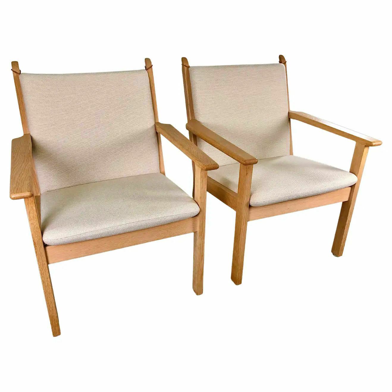 Danish Hans J. Wegner Set Of Two Lounge Chairs In Oak And Fabric By Getama