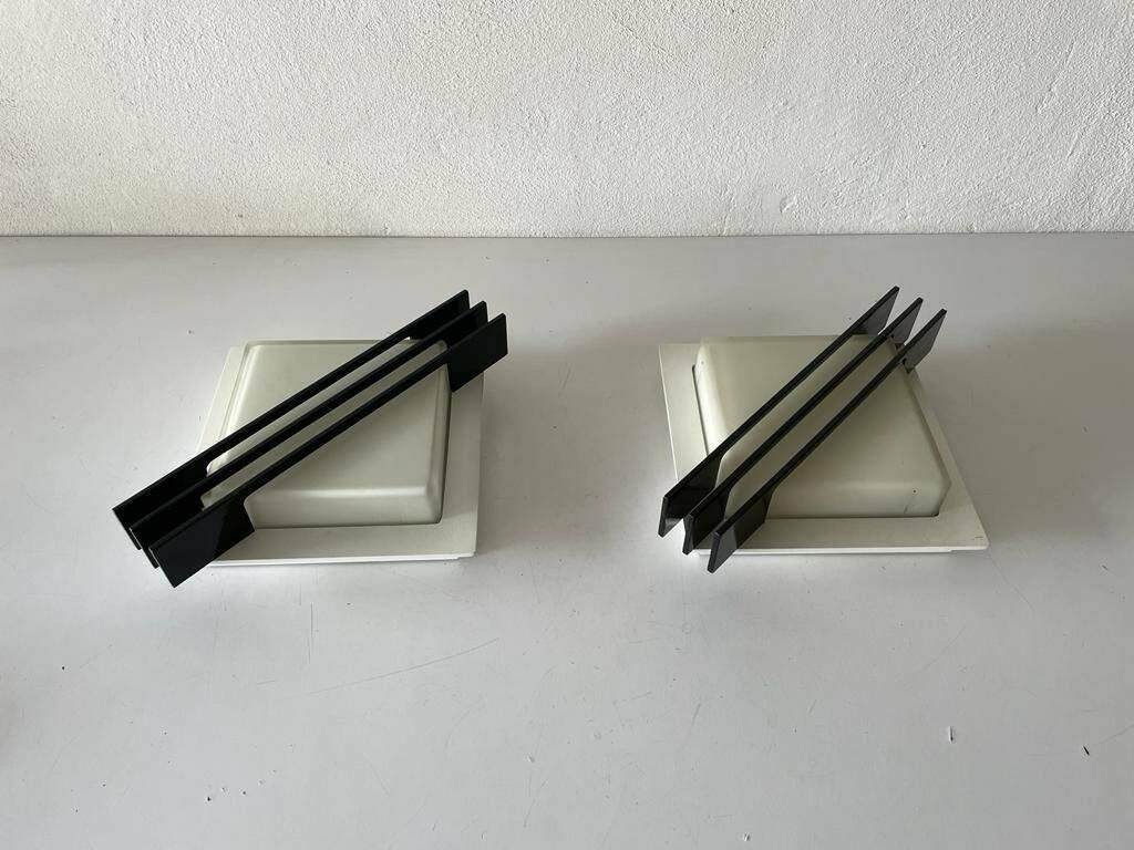 Rare Square Design Black Metal And Glass Pair Of Flush Mounts Or Sconces By Bega, 1960s, Germany photo furniture