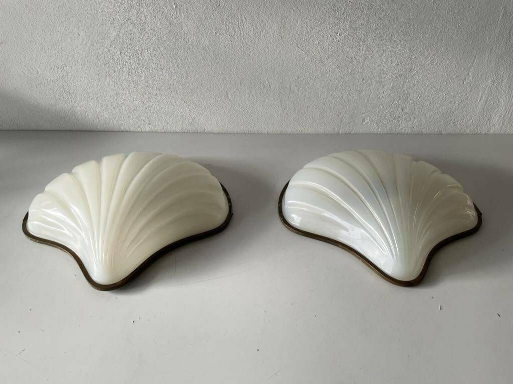 Italian Unique White Plexiglass Shell Shaped Pair Of Large Sconces, 1950s, Italy photo for sale