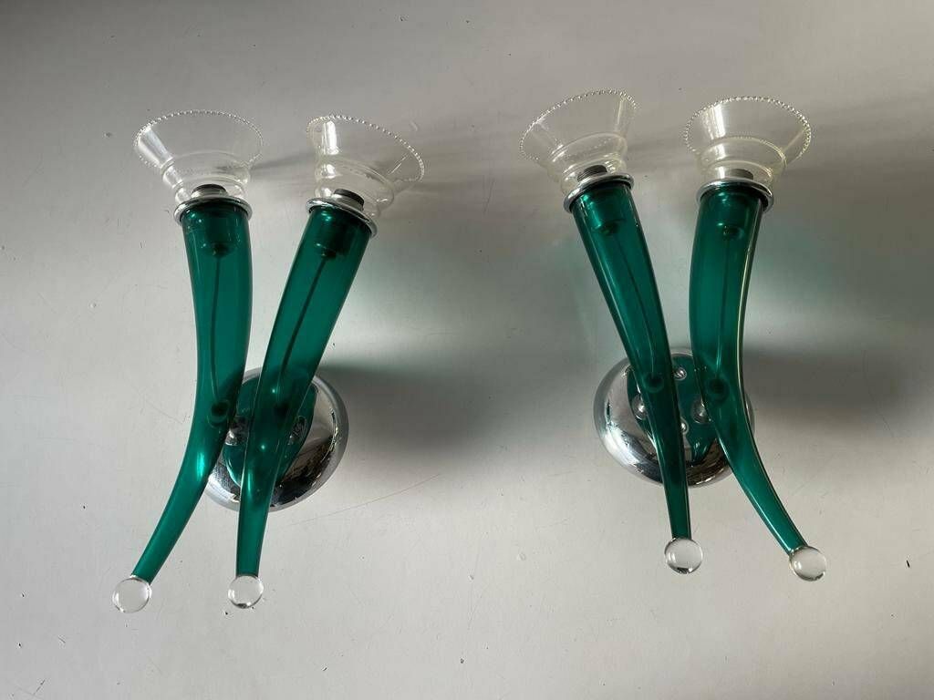 Green Italian Hand Crafted Semi Transparent Murano Glass Pair Of Large Sconces By Veart, 1970s, Italy photo furniture
