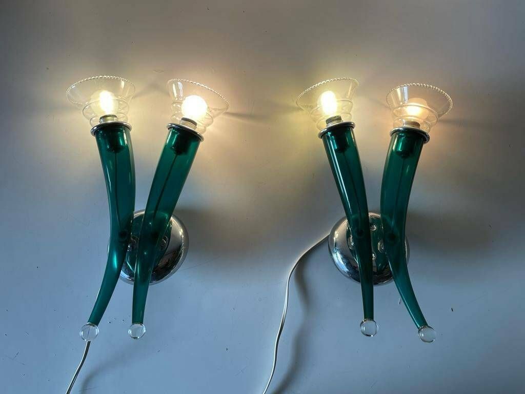 Green Italian Hand Crafted Semi Transparent Murano Glass Pair Of Large Sconces By Veart, 1970s, Italy photo for sale